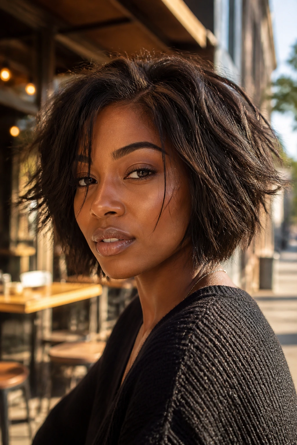 Close-up portrait of a real Black woman with a choppy textured bob and motion