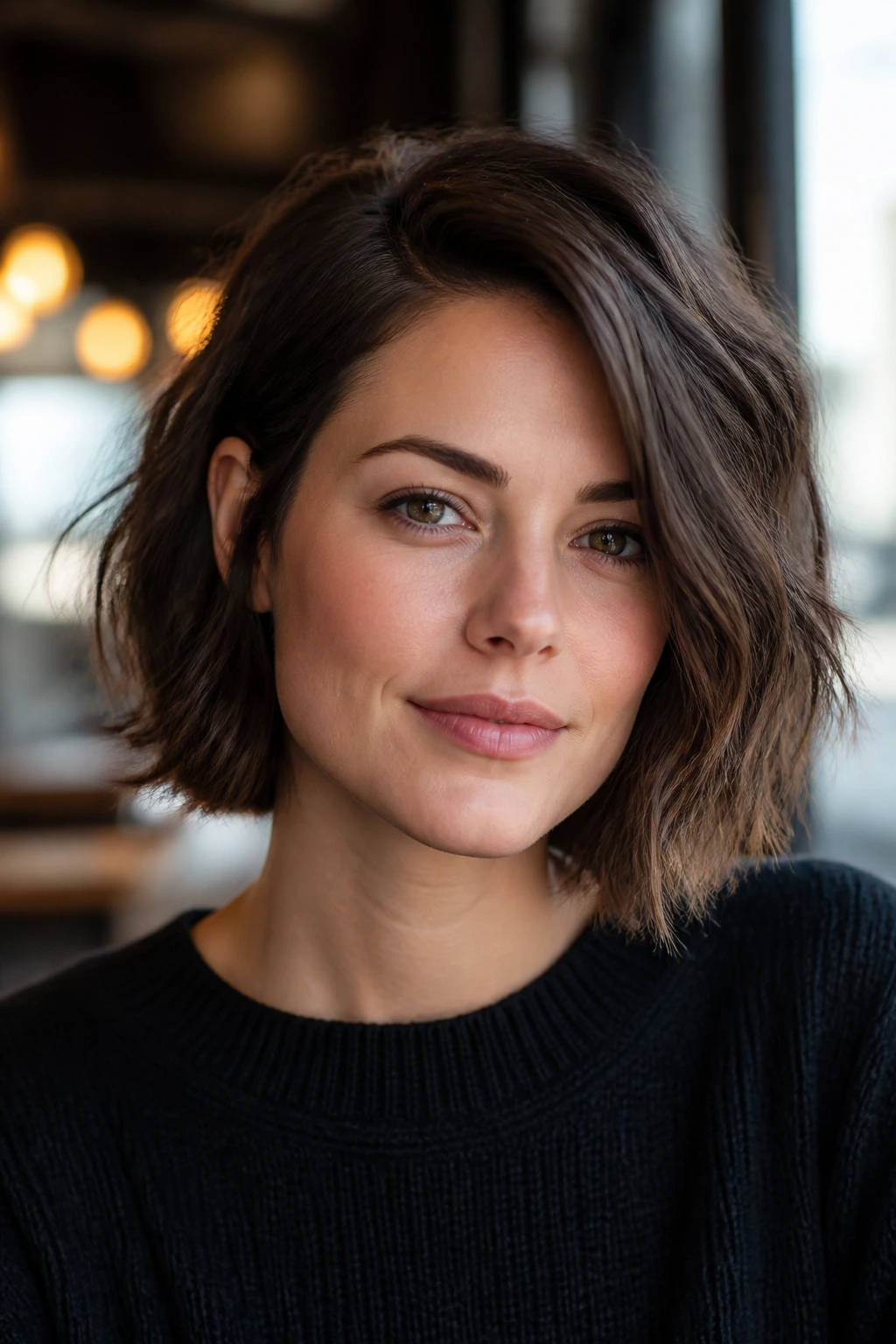 Close-up of a real woman with a choppy textured bob and side part in cafe window light.