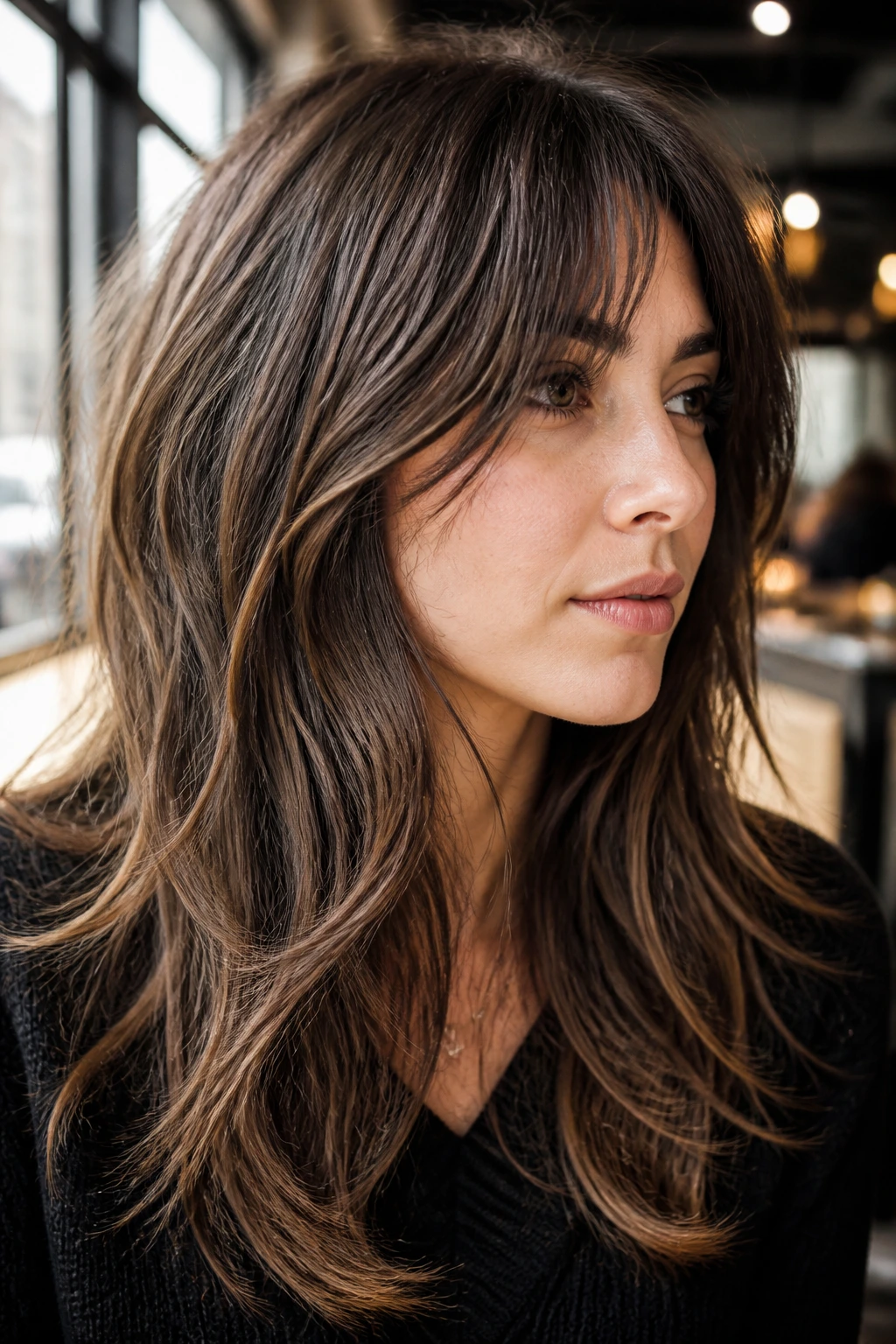 Portrait of a real woman with choppy textured layers and walnut lowlights