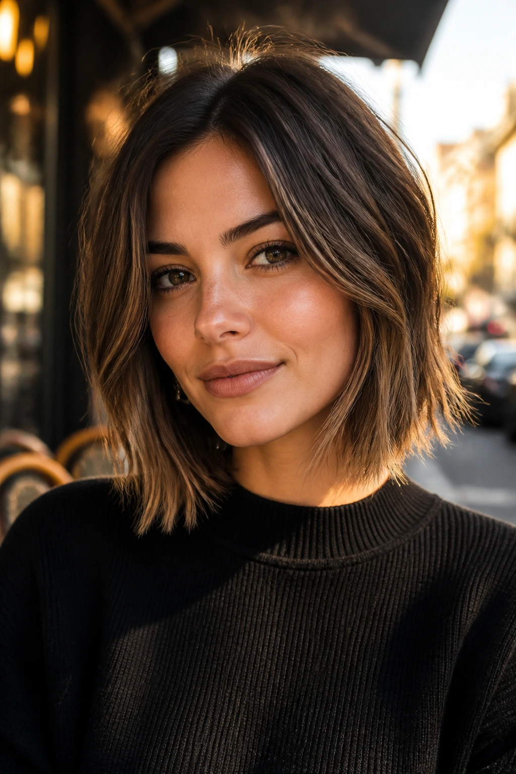Close-up portrait of a real woman with a Choppy Textured Lob, controlled ends and subtle texture