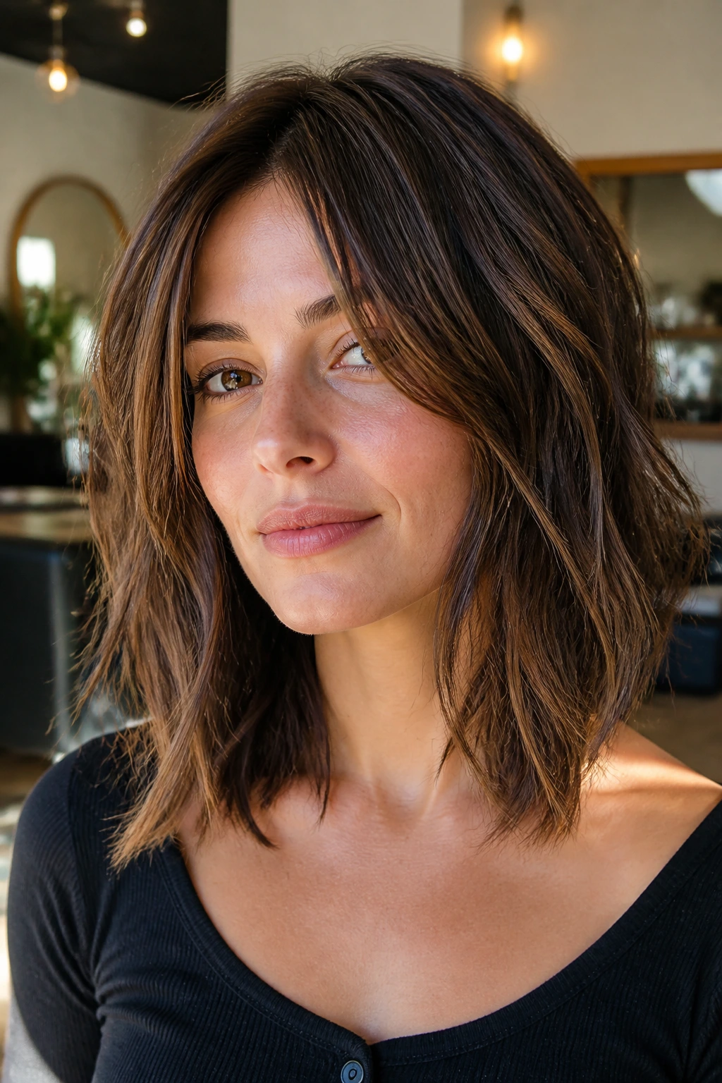 Close-up portrait of a real person with a choppy textured lob hairstyle.