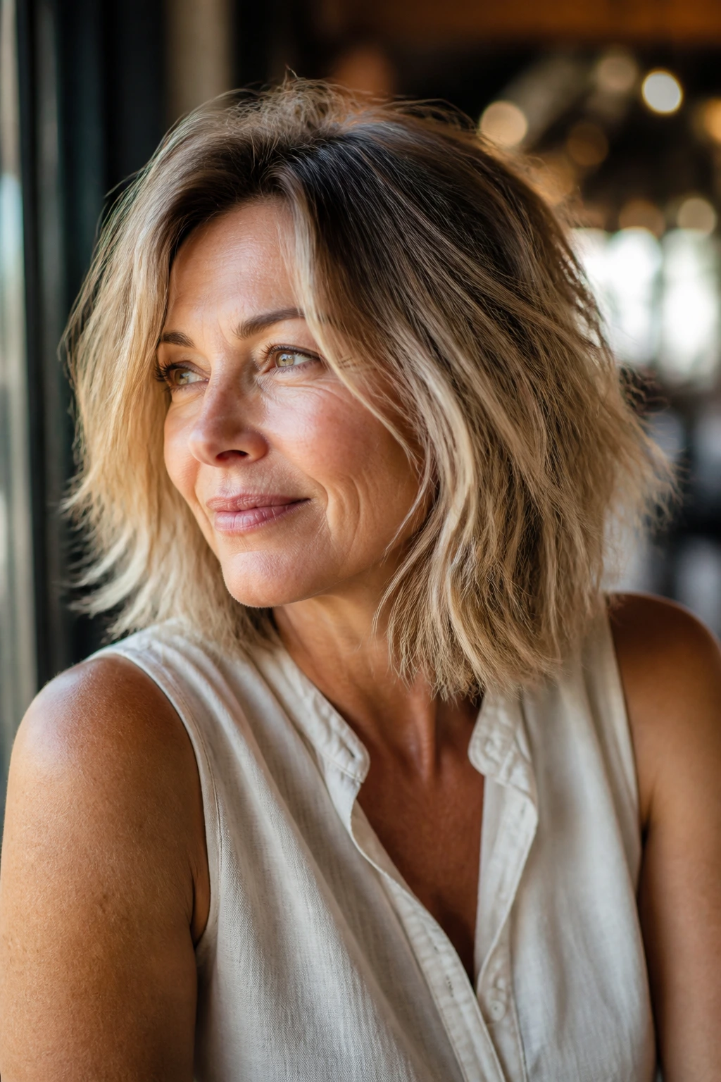 Close-up portrait of a woman with a choppy textured lob and irregular ends