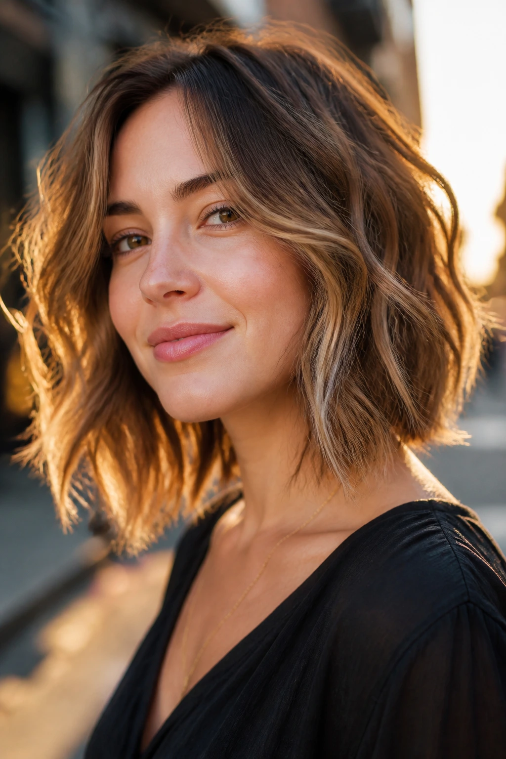 Real woman with choppy textured lob showing piecey ends in golden-hour street light