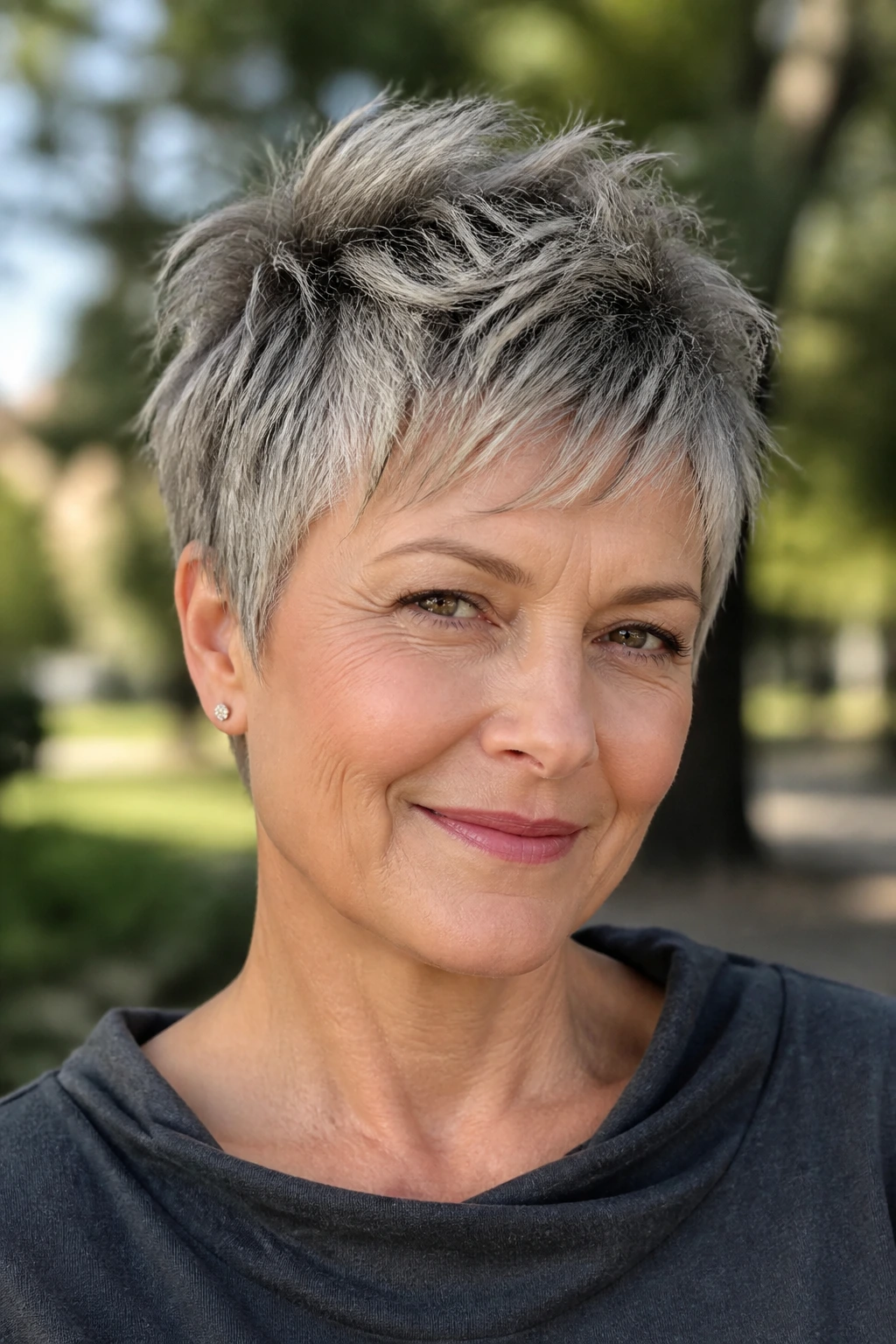 Close-up of a real woman with a choppy textured pixie showing movement in natural light