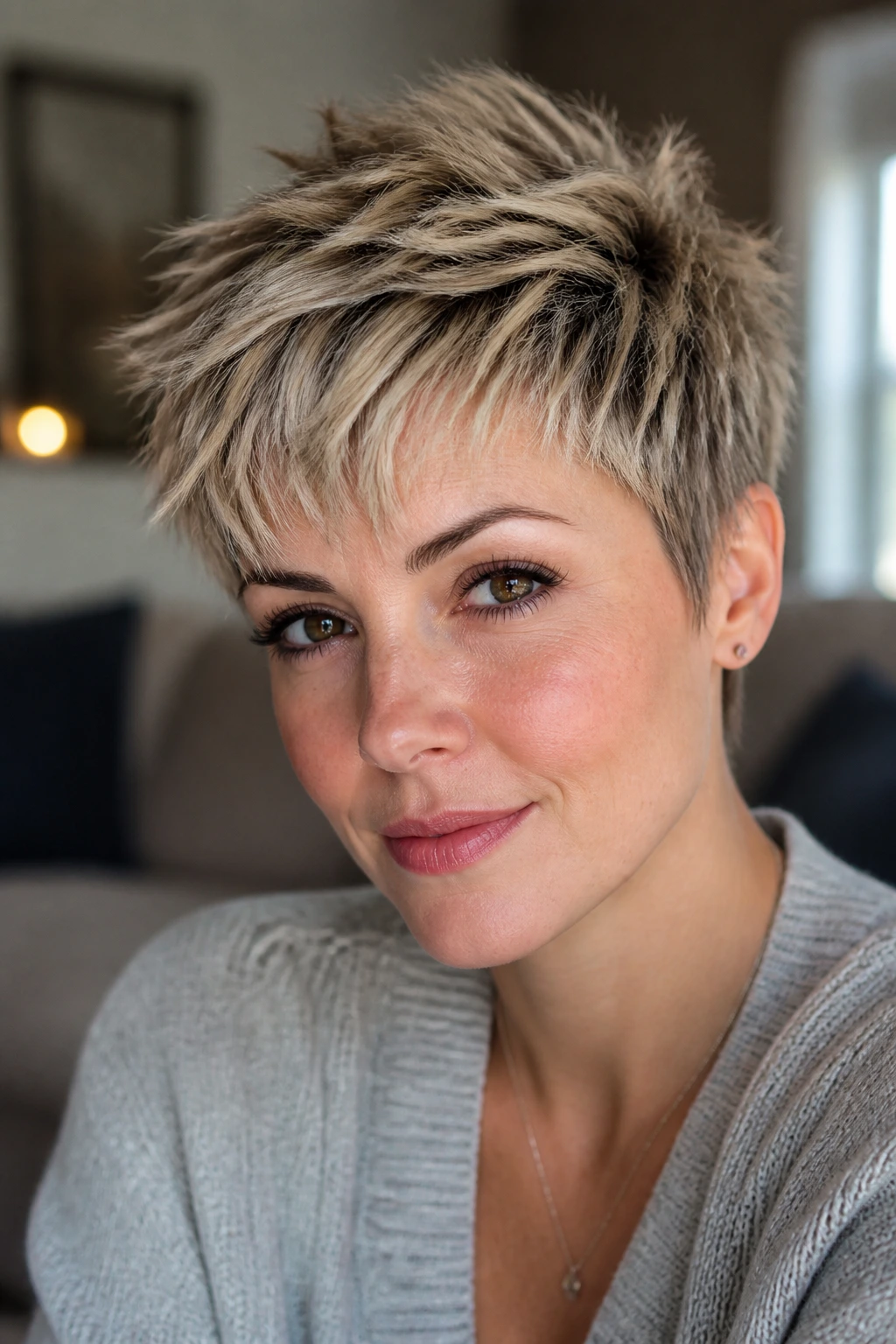 Close-up of a real woman with a choppy textured pixie cut in natural light