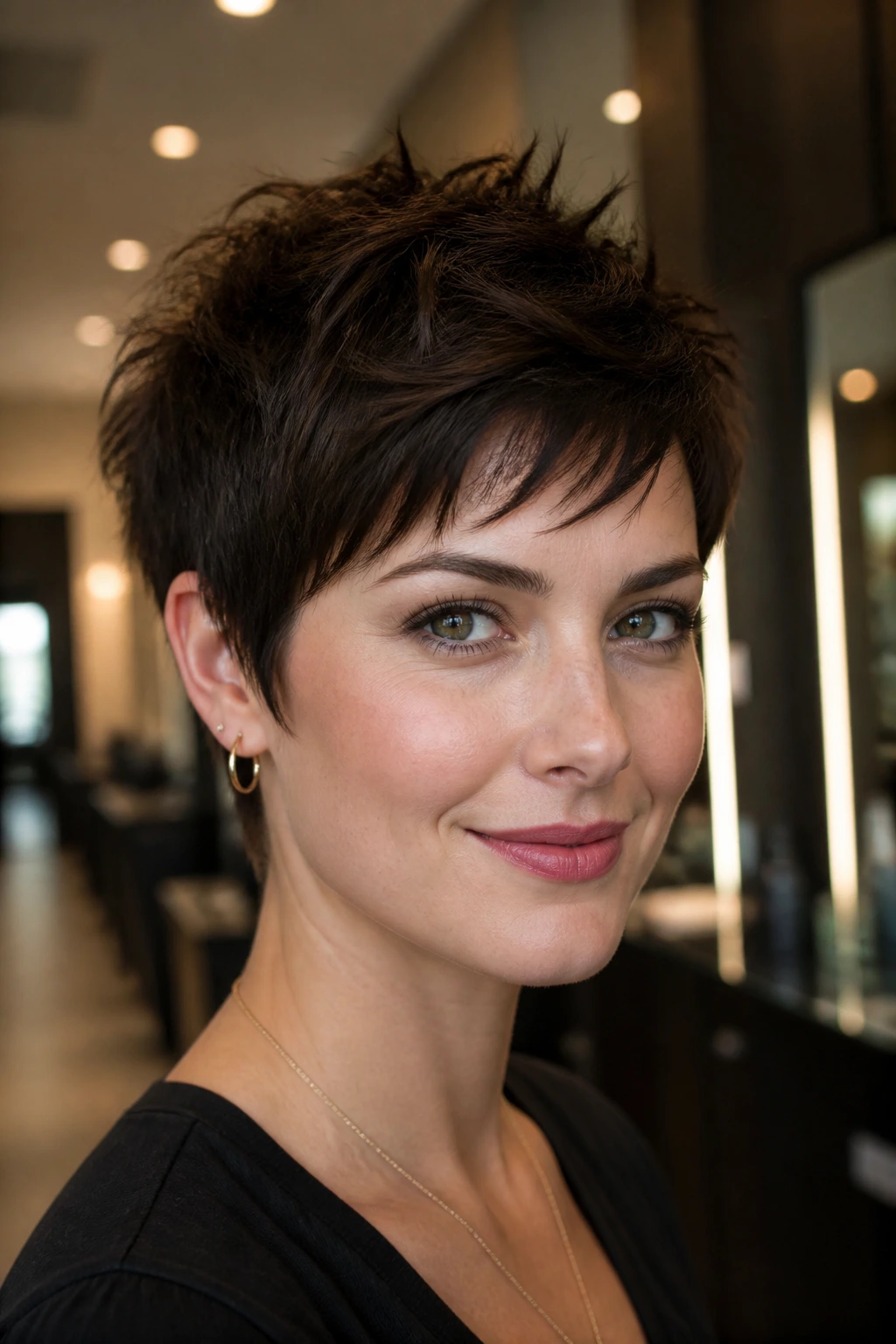 Real person with choppy textured pixie showing layered ends