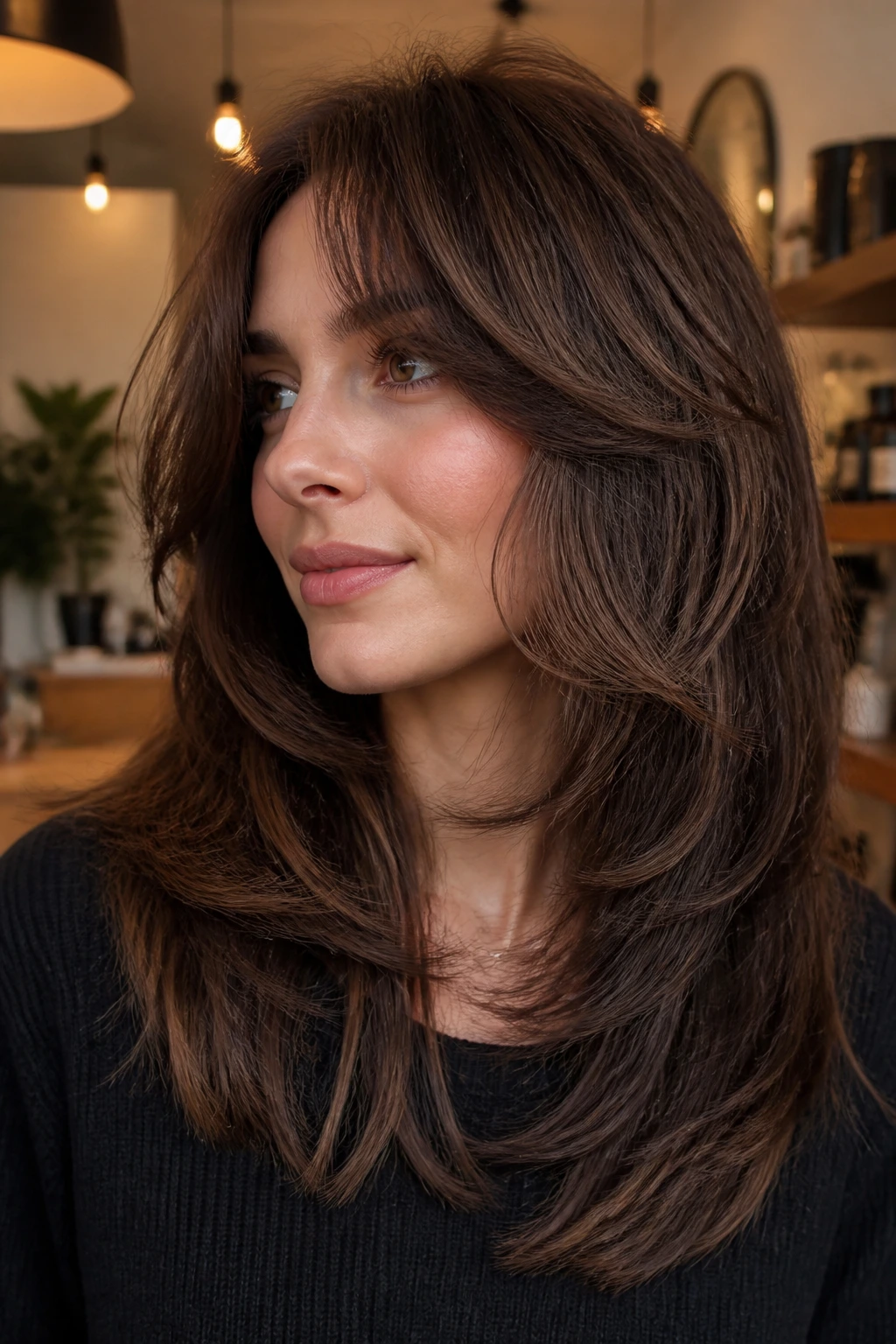 Real woman with a choppy U-shaped shag and mocha underlayers in warm lighting