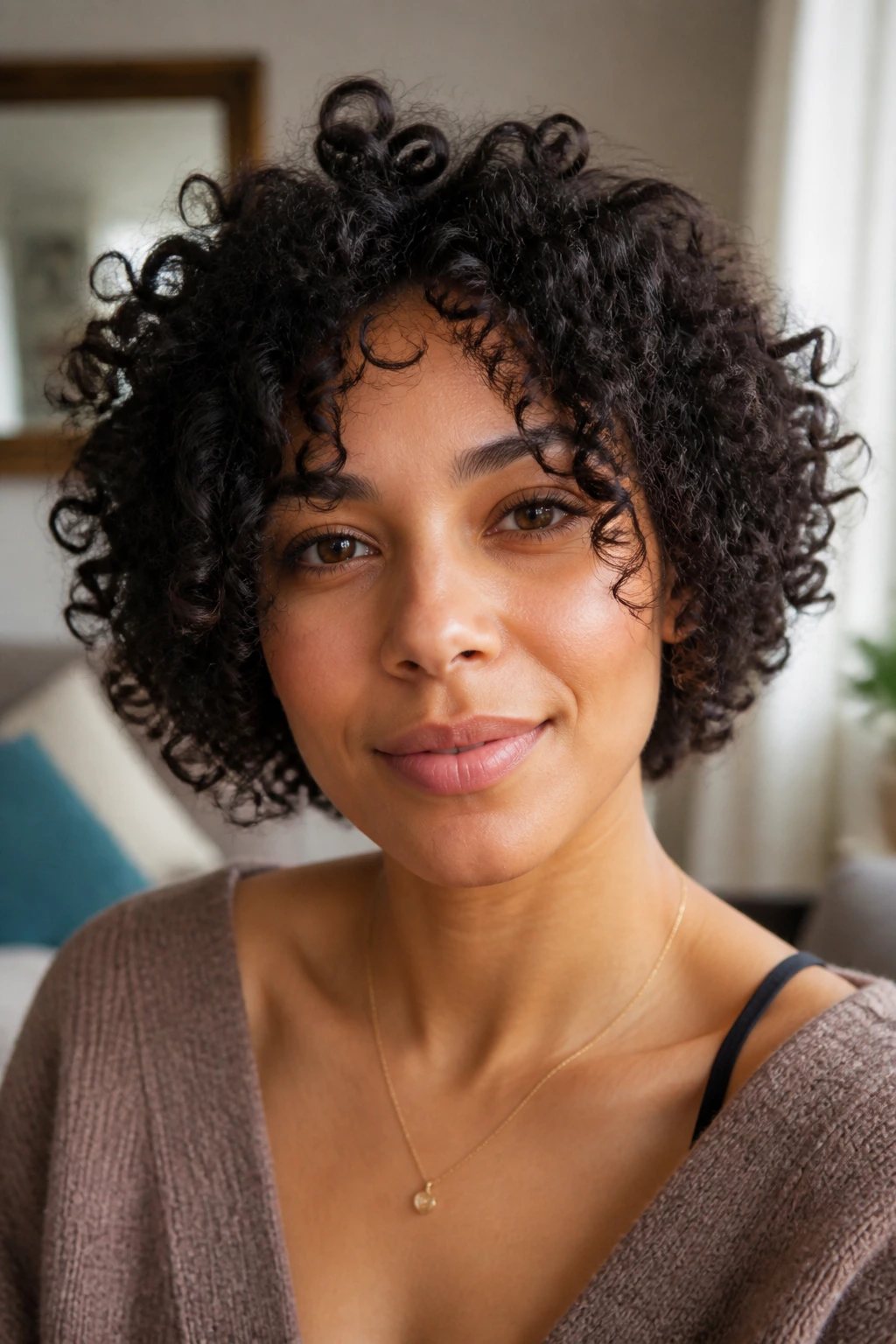 Close-up of real woman with a choppy wash-and-go bob in a cozy living room