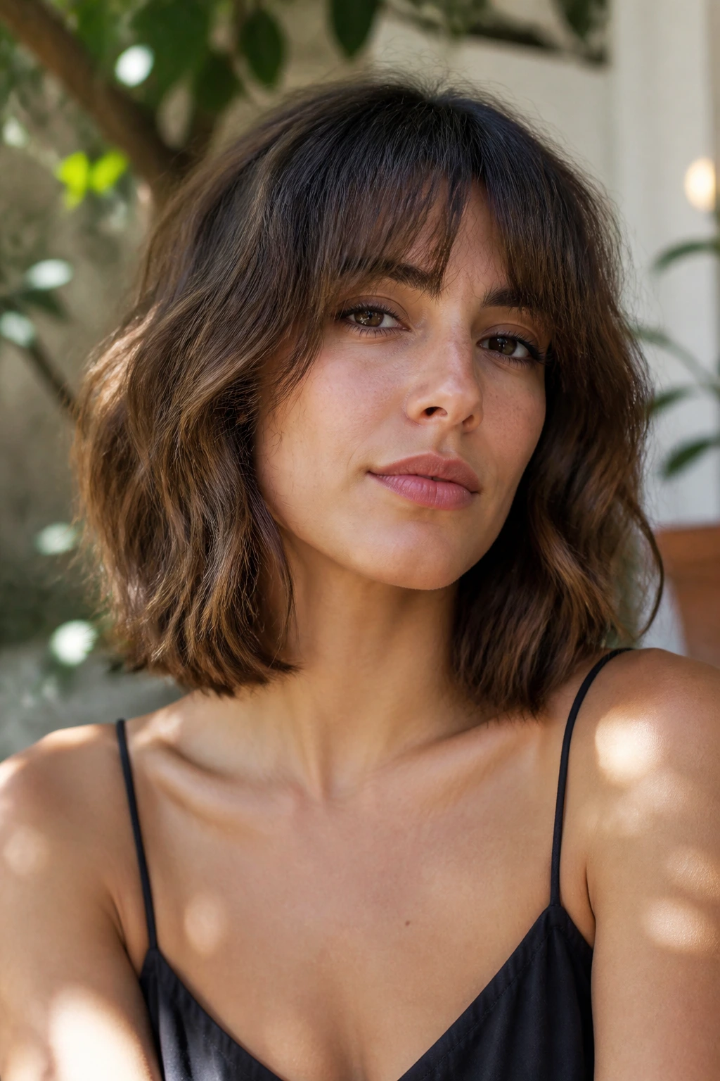 Close-up of a real woman with choppy waves and Birkin fringe on a square face.