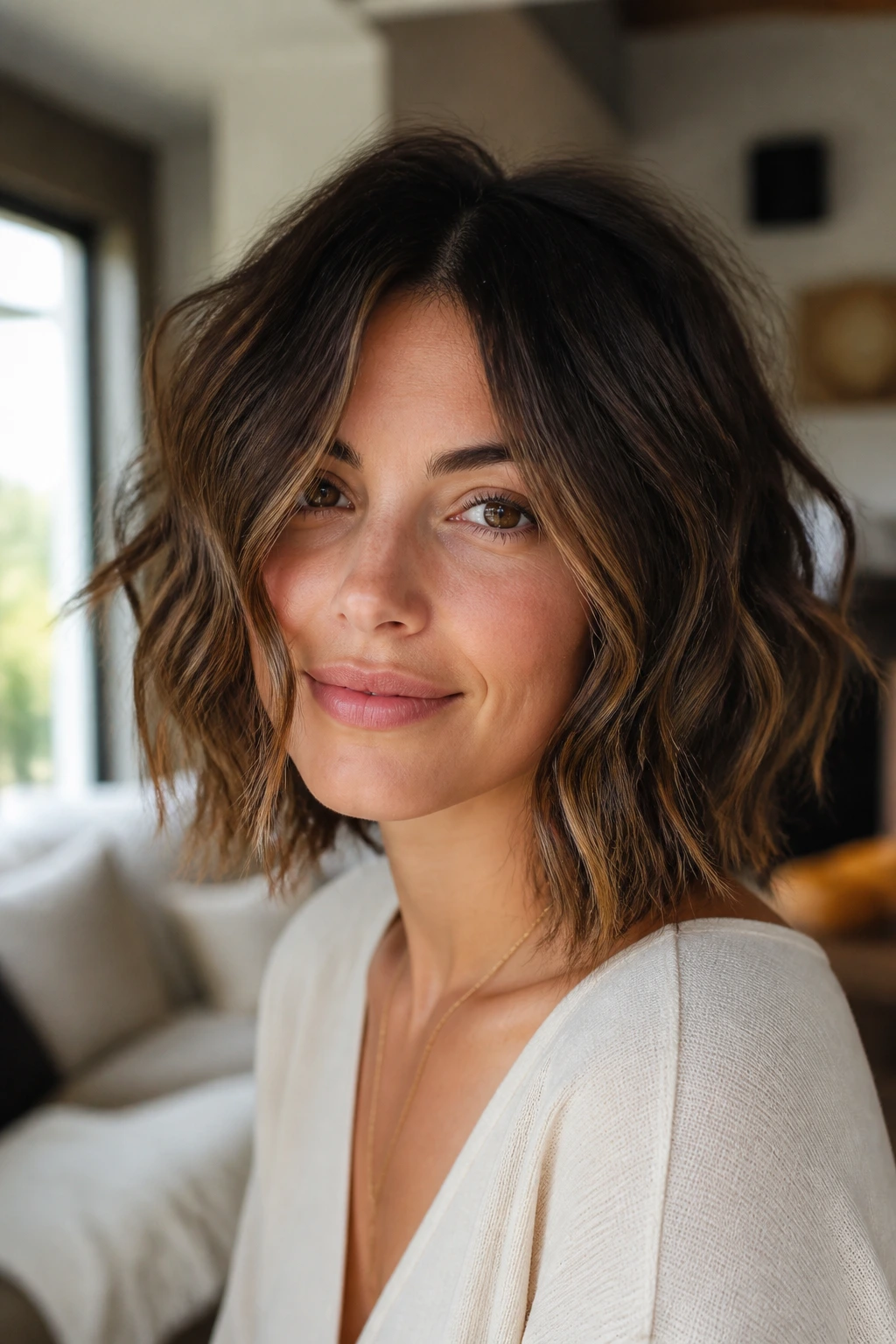 Close-up of a real woman with a choppy wavy bob-lob and piecey ends