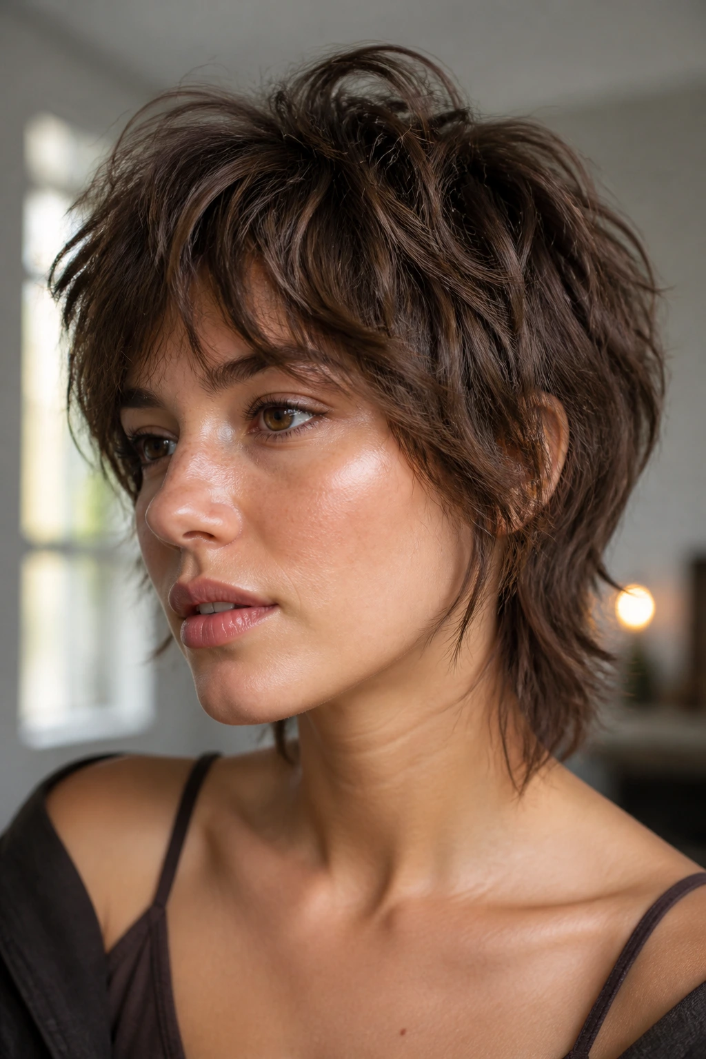 Close-up of a woman with a choppy wolf cut in a bright modern interior