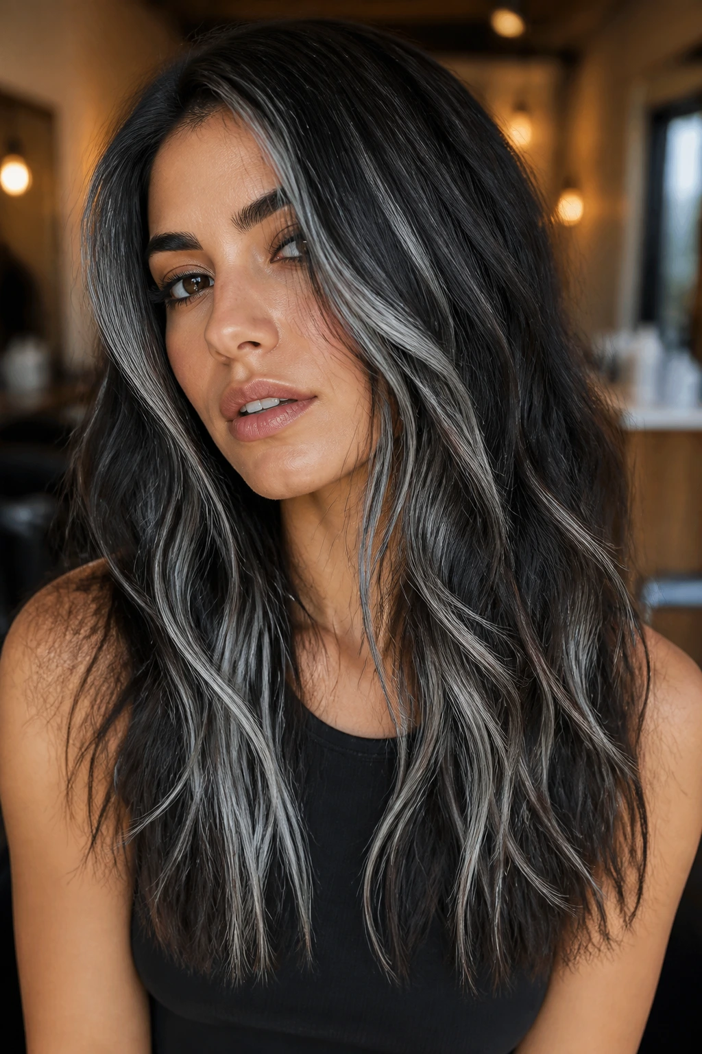 Close-up portrait of a real woman with chrome ribbon highlights in dark hair, salon setting.