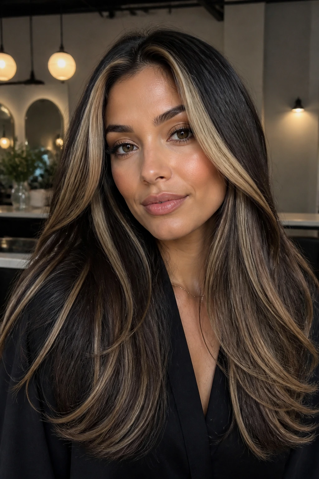 Close-up of a real woman with chunky 90s contrast highlights at the front and crown