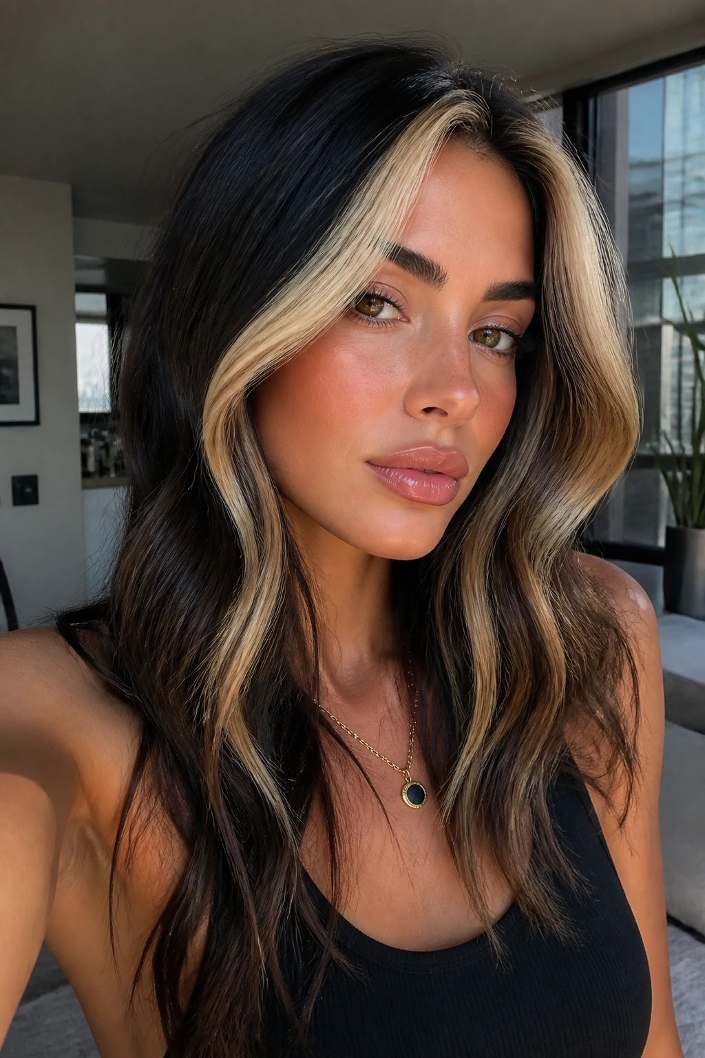 Close-up of a real woman with Chunky 90s Contrast highlights on dark hair, bold pieces framing the face.