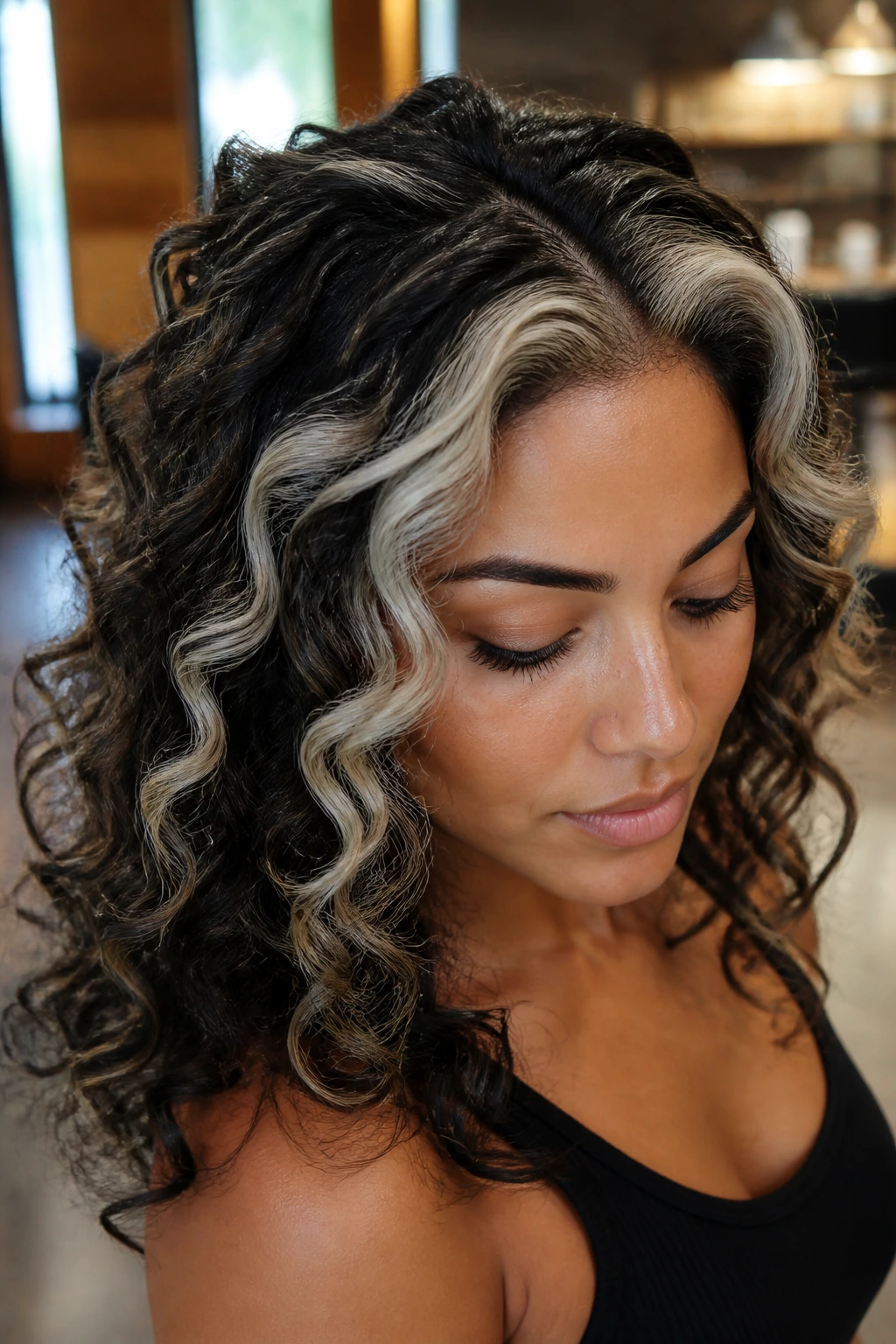 Close-up of curly hair with chunky ash panels at crown and temples