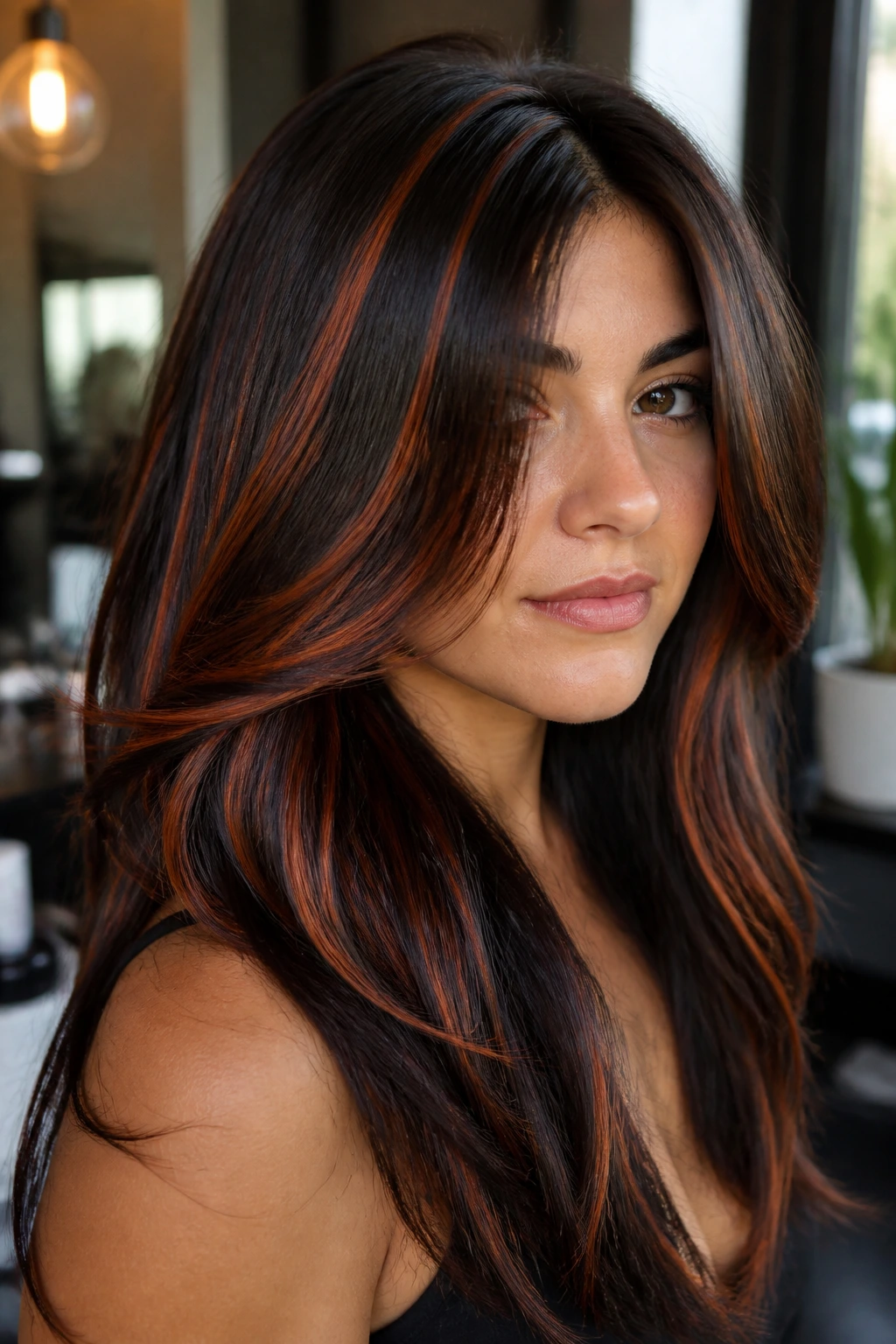 Close-up portrait of a real woman with chunky auburn streaks in thick hair, warm salon lighting