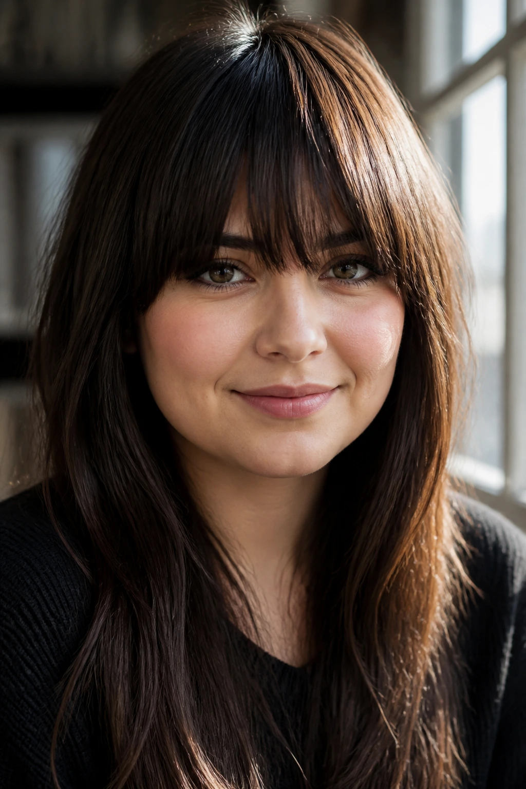 Close-up portrait showing chunky bangs creating diagonal lines on a round face