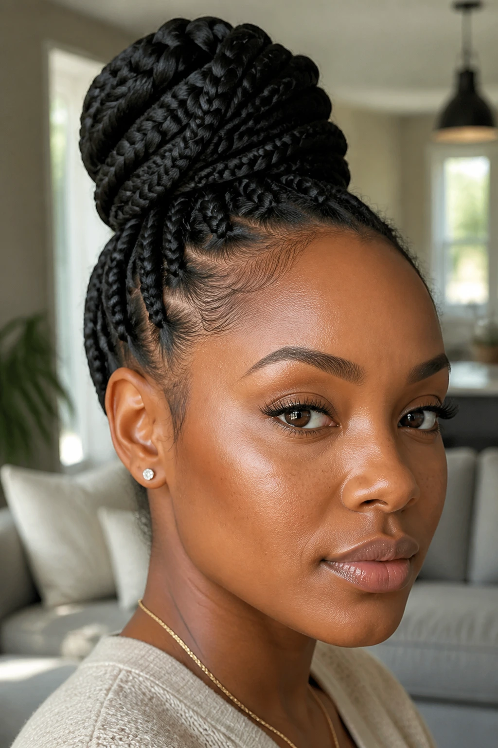 Real person with chunky box-braid bun in a bright living space