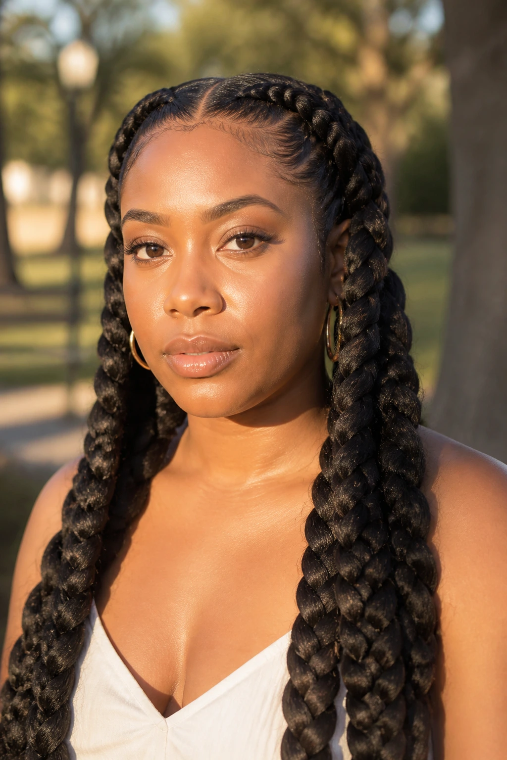Real person with oversized chunky braids cascading past shoulders in Golden hour light