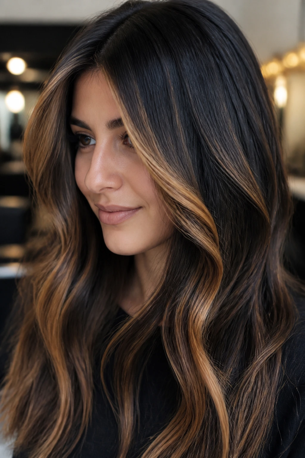 Close-up of real woman with chunky caramel accents on dark hair