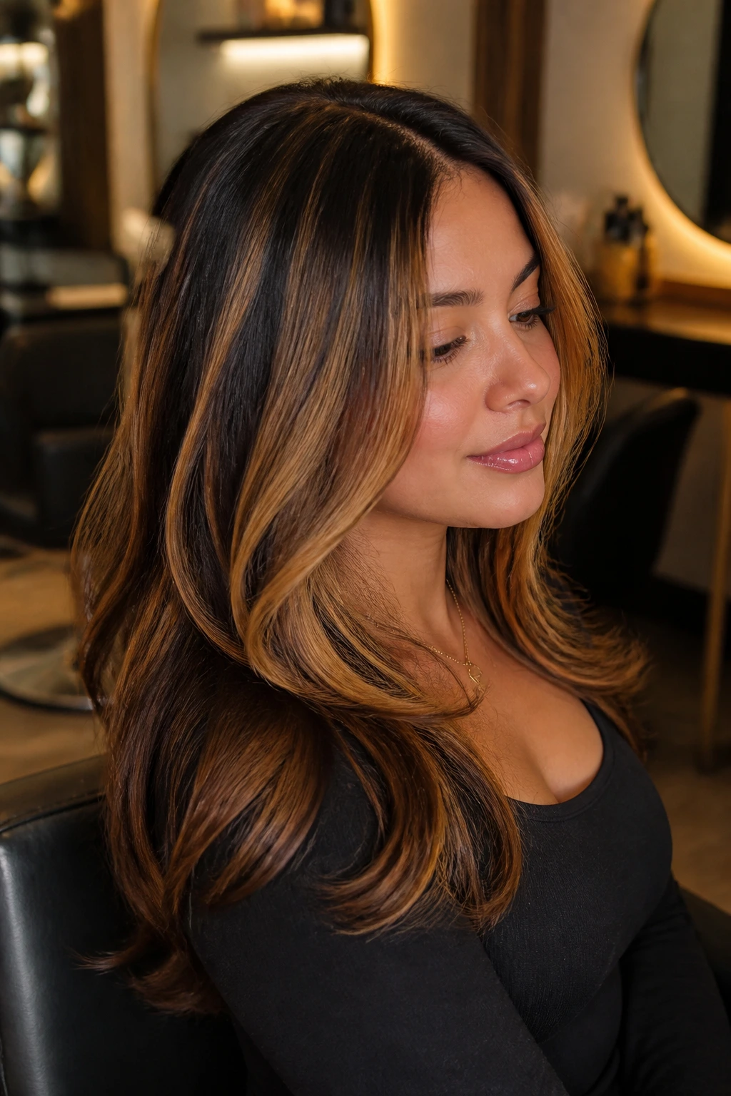 Close-up of a woman showing chunky caramel streaks against dark hair.