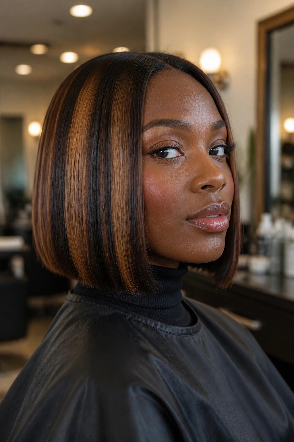 Close-up of a real person showing chunky chestnut panels on a blunt bob
