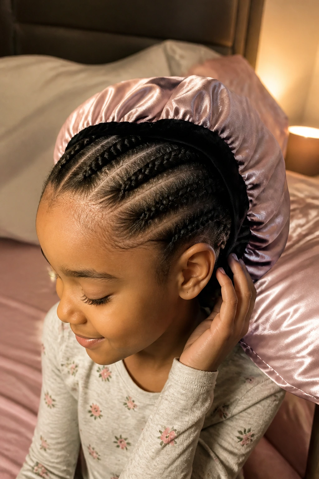 Close-up of a child with chunky cornrows in a bedroom, satin bonnet and warm night lighting