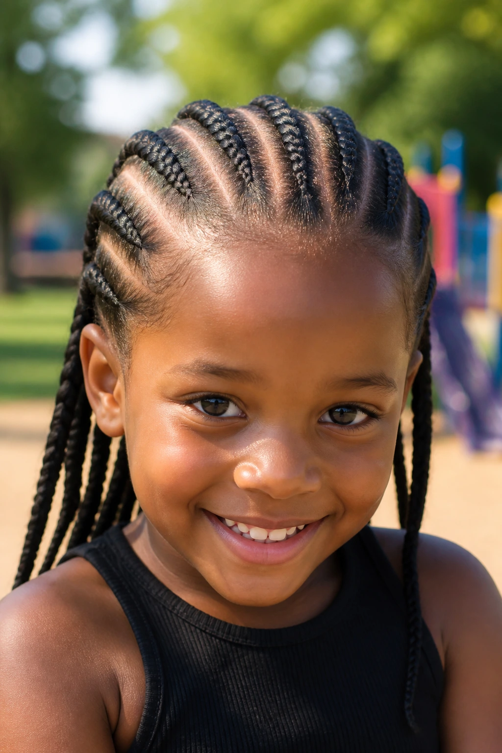 Child with chunky cornrows in an outdoor playground