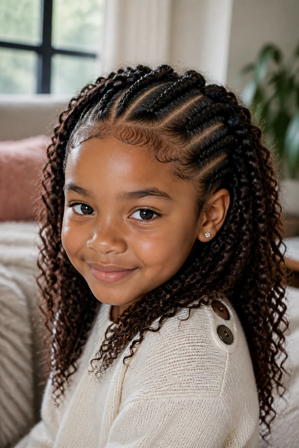Close-up of a child with chunky cornrows on curly hair, framing curls.
