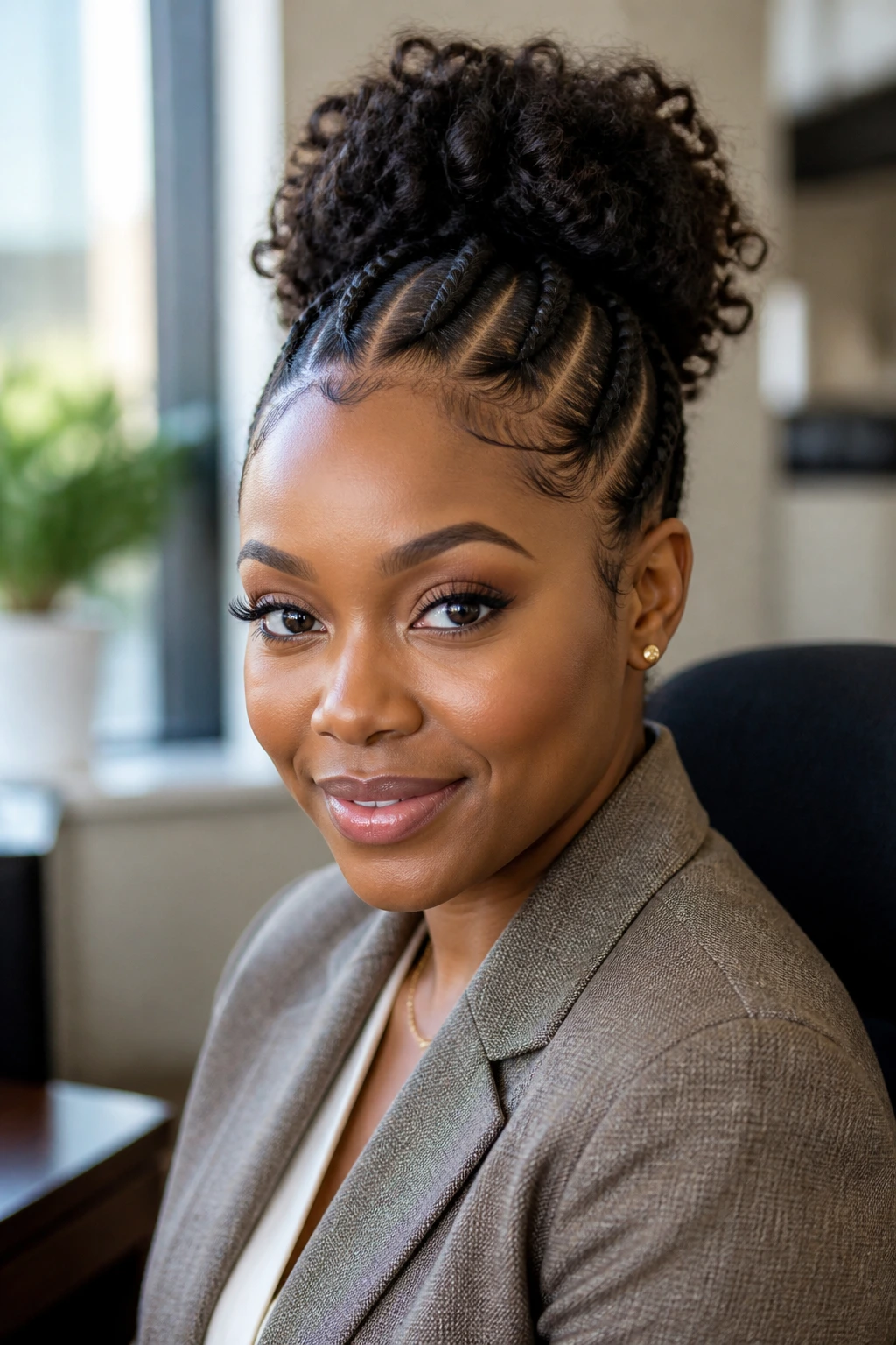 Close-up of chunky cornrows transitioning into a curly puff on a real person
