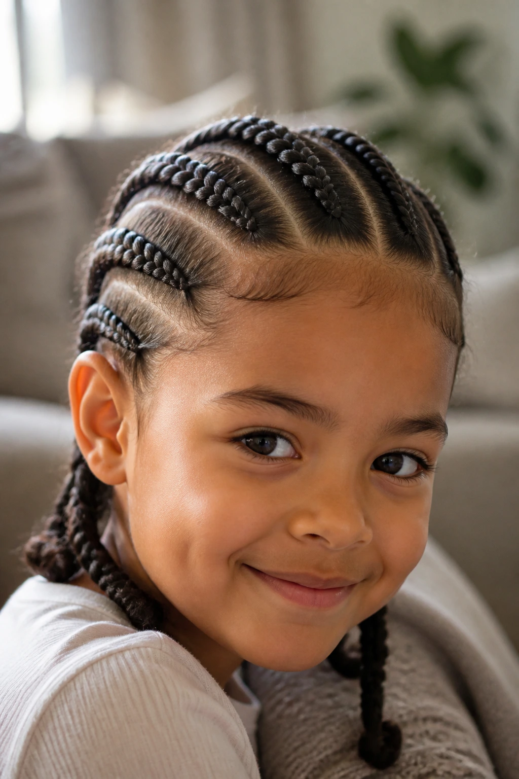 Close-up portrait of a real child with chunky cornrows, showcasing easy-to-maintain hairstyle