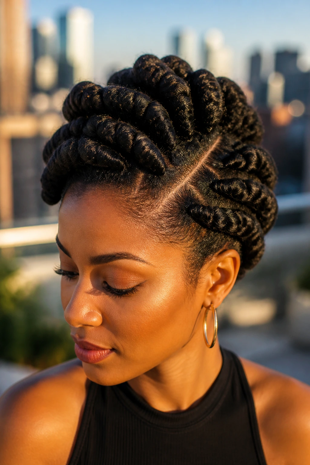 Close-up of chunky crown twists on a real person
