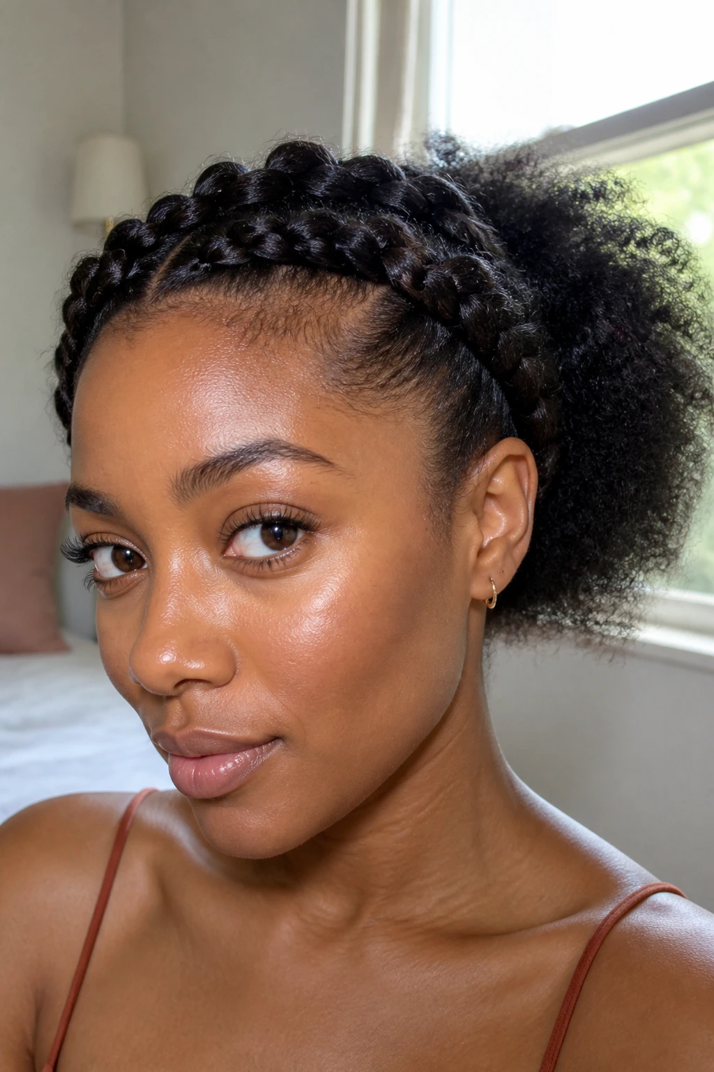 Close-up of a real woman with chunky front Dutch braid and loose back puff in natural light