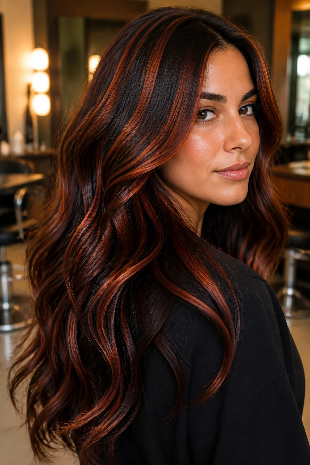 Close-up portrait of a real woman with thick dark hair showing chunky copper-red ember ribbons around the face.