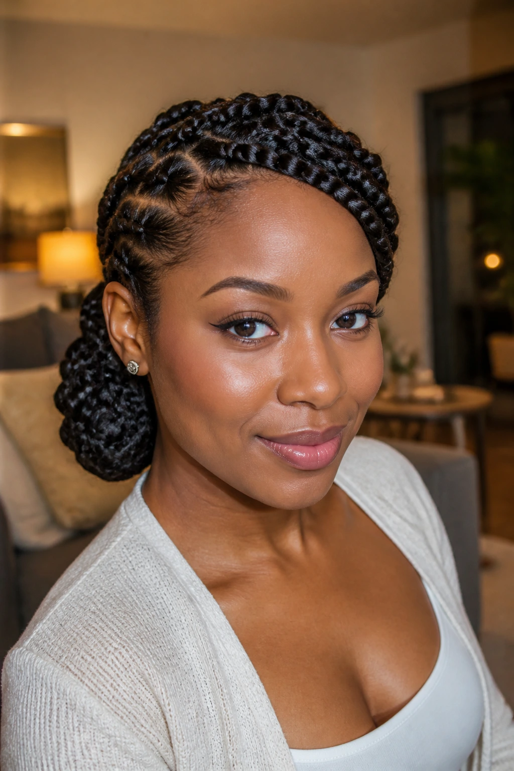 Real person wearing a side bun formed by chunky flat twists