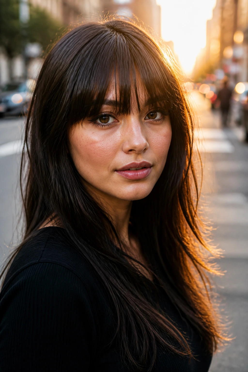 Close-up of a woman with thick chunky fringe on an urban street at golden hour.