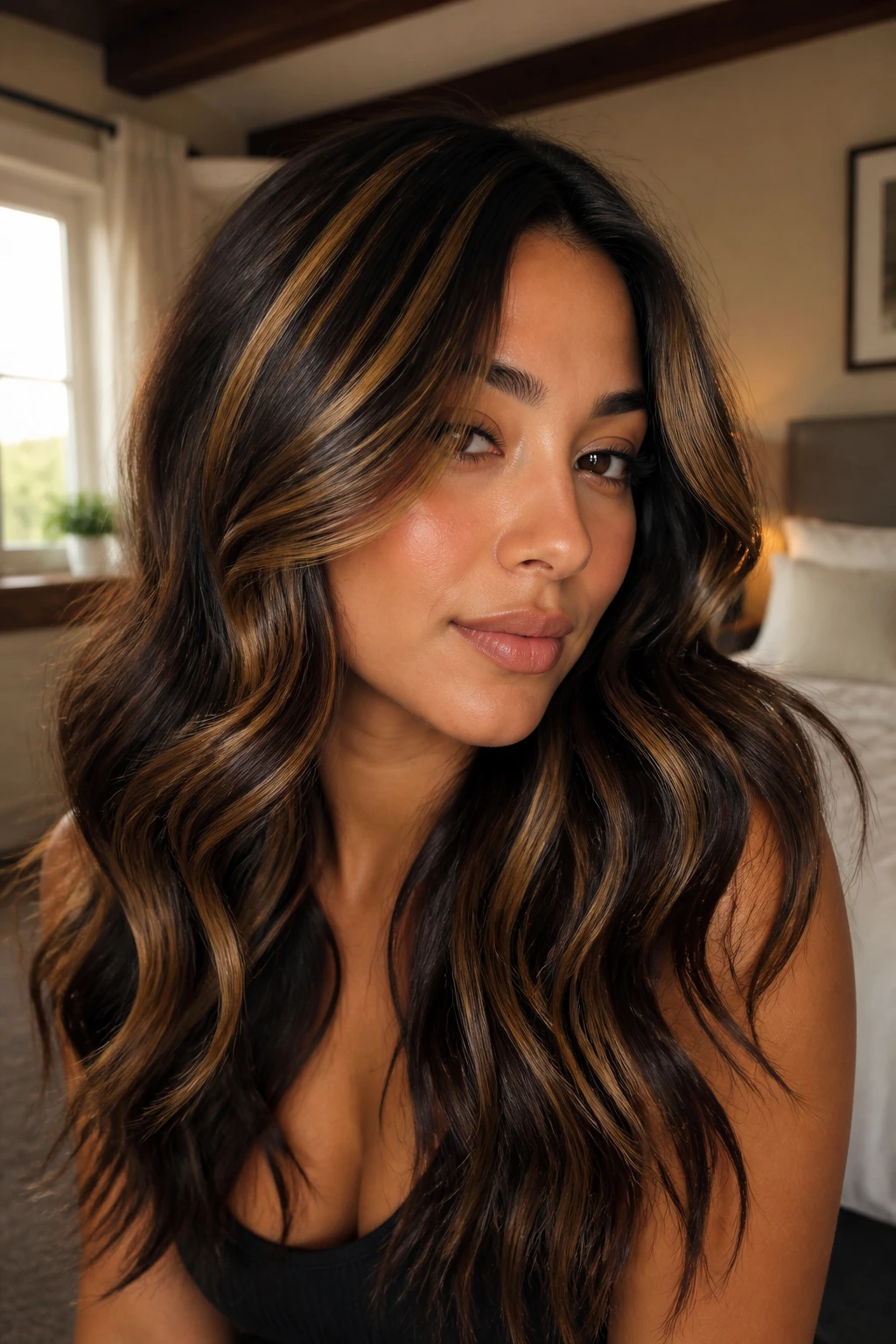 Close-up portrait of a real woman with thick dark hair and chunky caramel-bronze highlights.