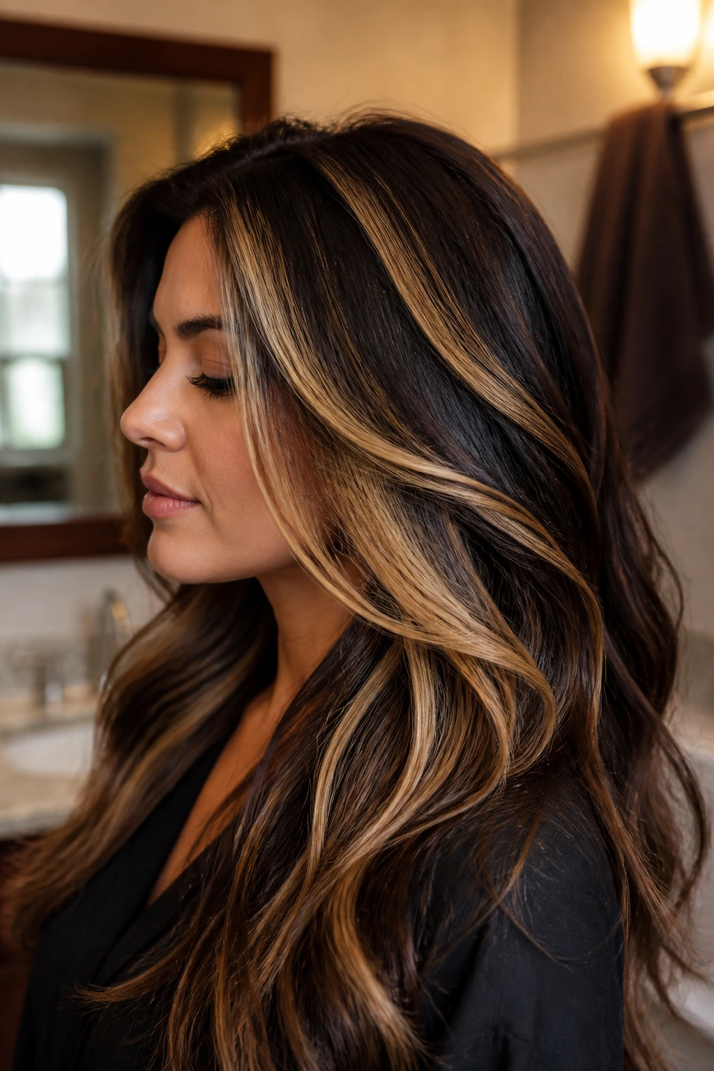 Close-up portrait of thick hair with chunky highlights on a real person