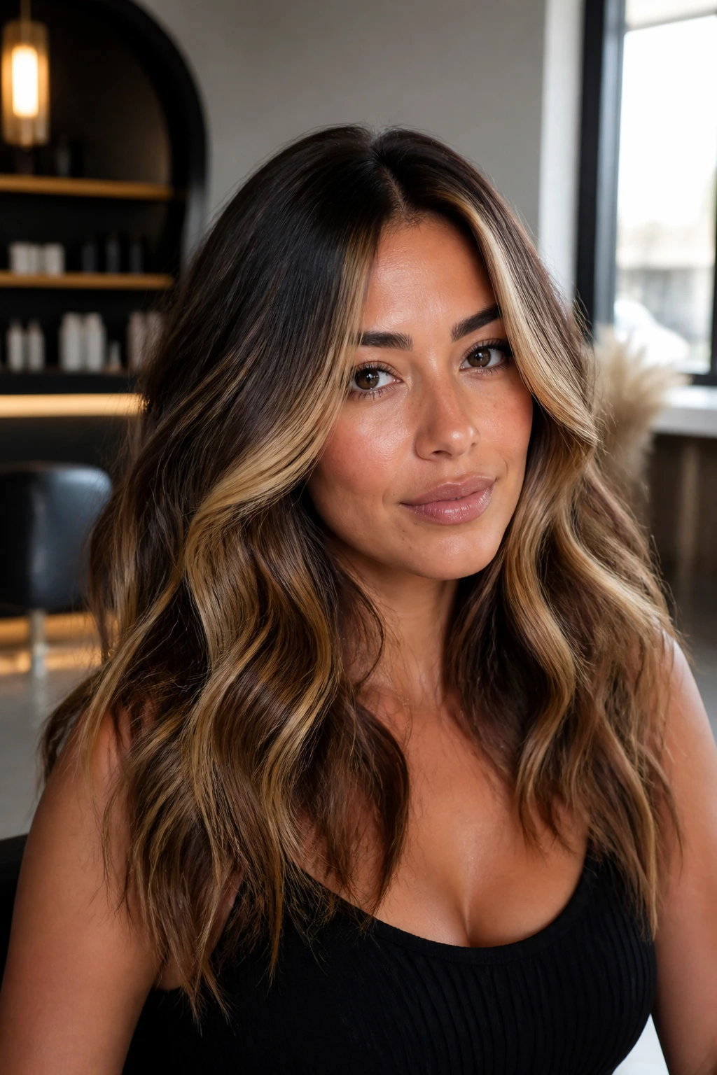 Close-up of a real woman with warm chunky highlights and modern finish on tan skin
