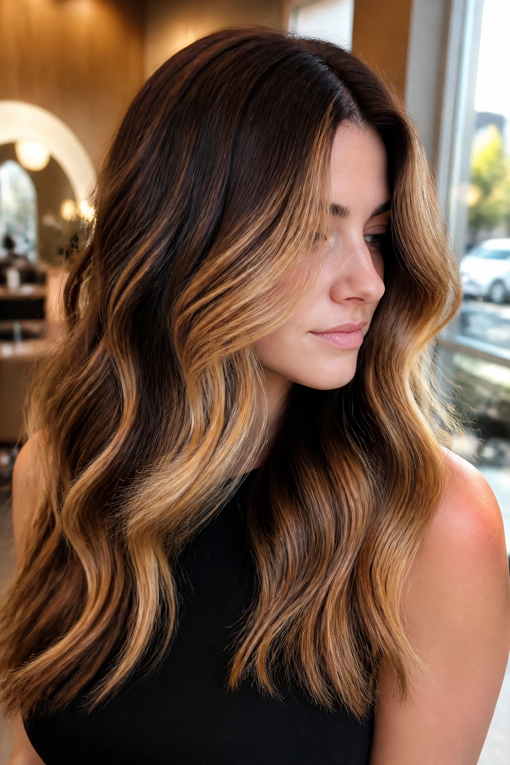 Real woman with thick hair showing chunky honey balayage panels