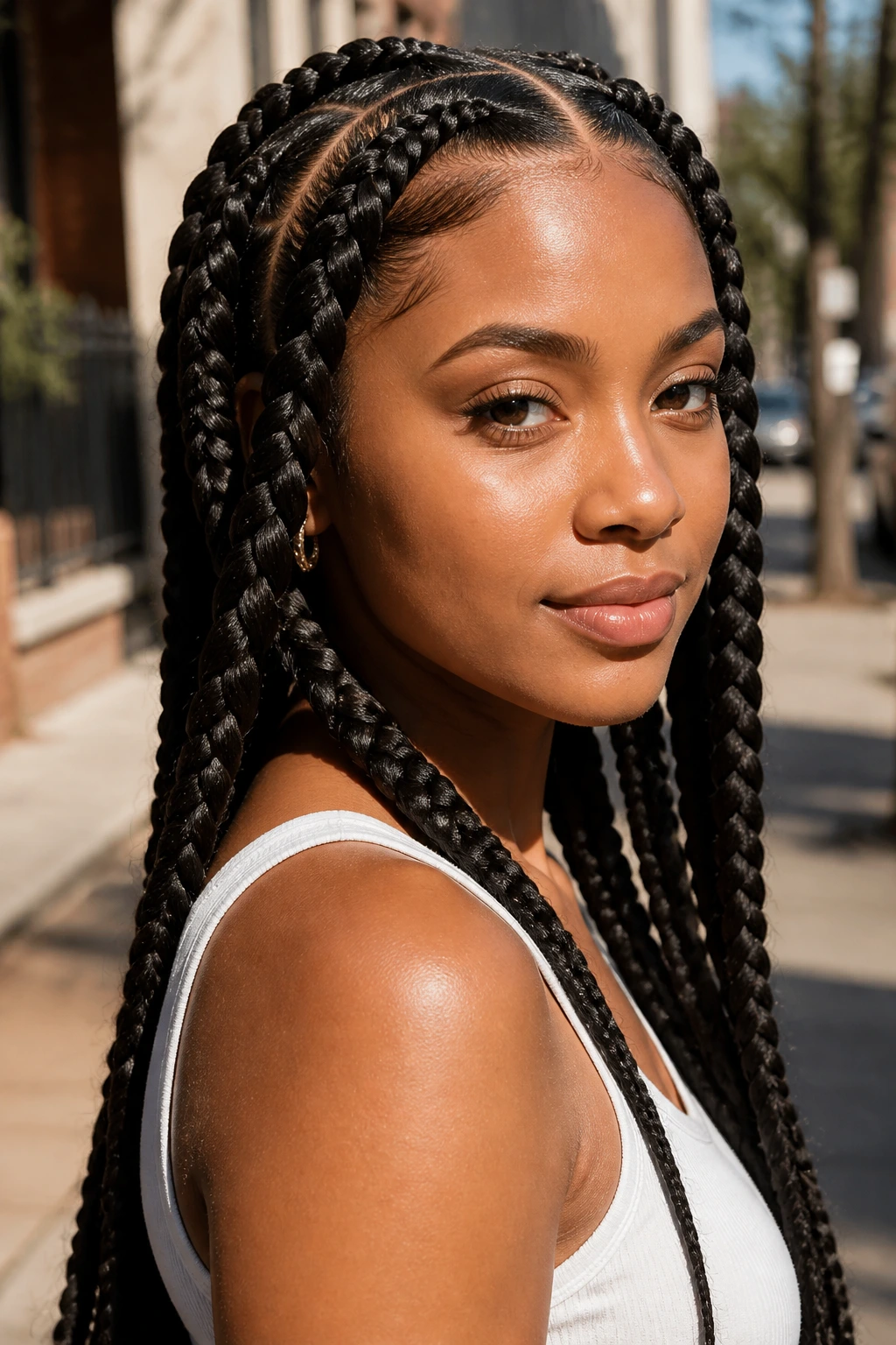 Person wearing chunky knotless braids with a soft profile in outdoor light