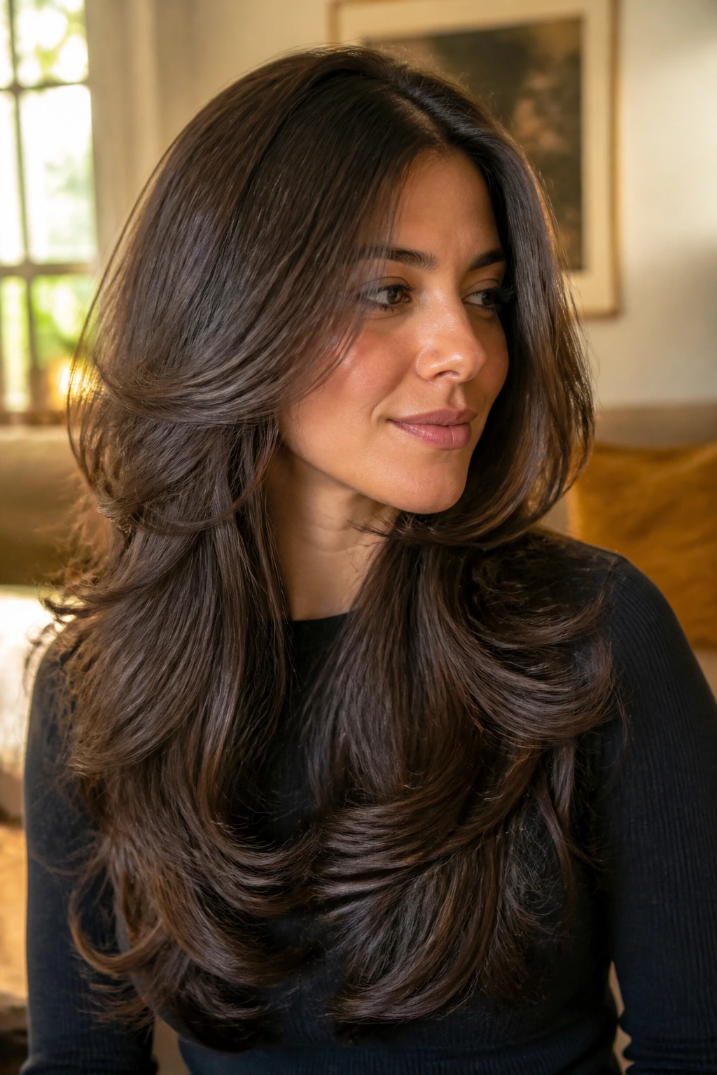 Close-up of a real woman with chunky layers in thick hair.
