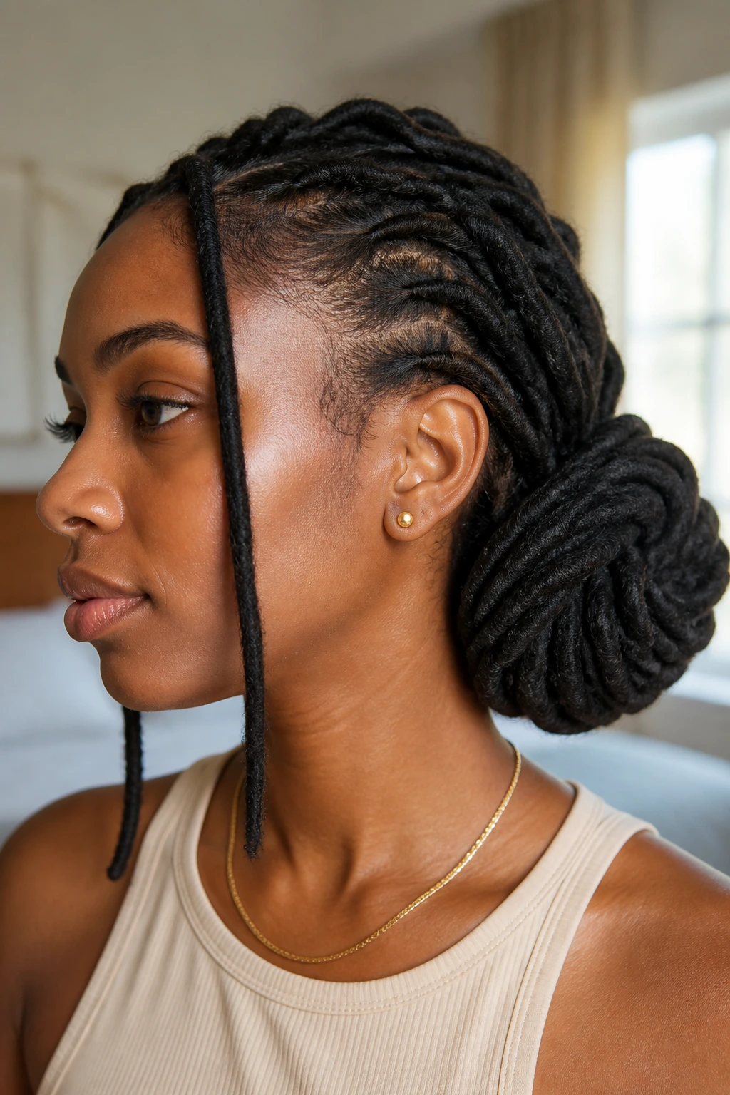 Close-up of chunky loc coil bun at the nape of neck on a real person