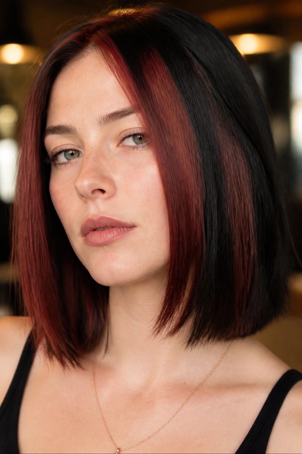 Real woman with chunky mahogany panels for a 90s-inspired look, close-up portrait