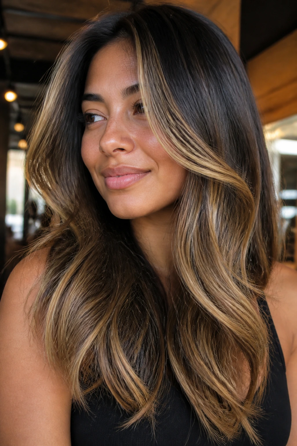 Close-up of real woman with chunky panels in thick hair