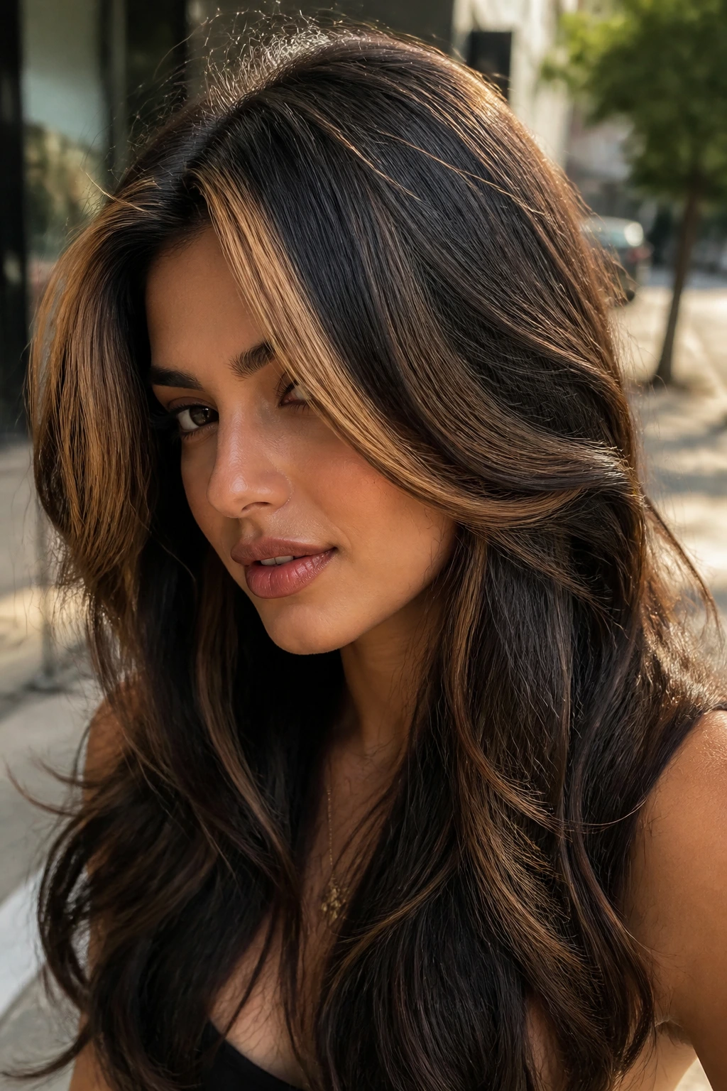 Chunky caramel panels on thick hair for big volume