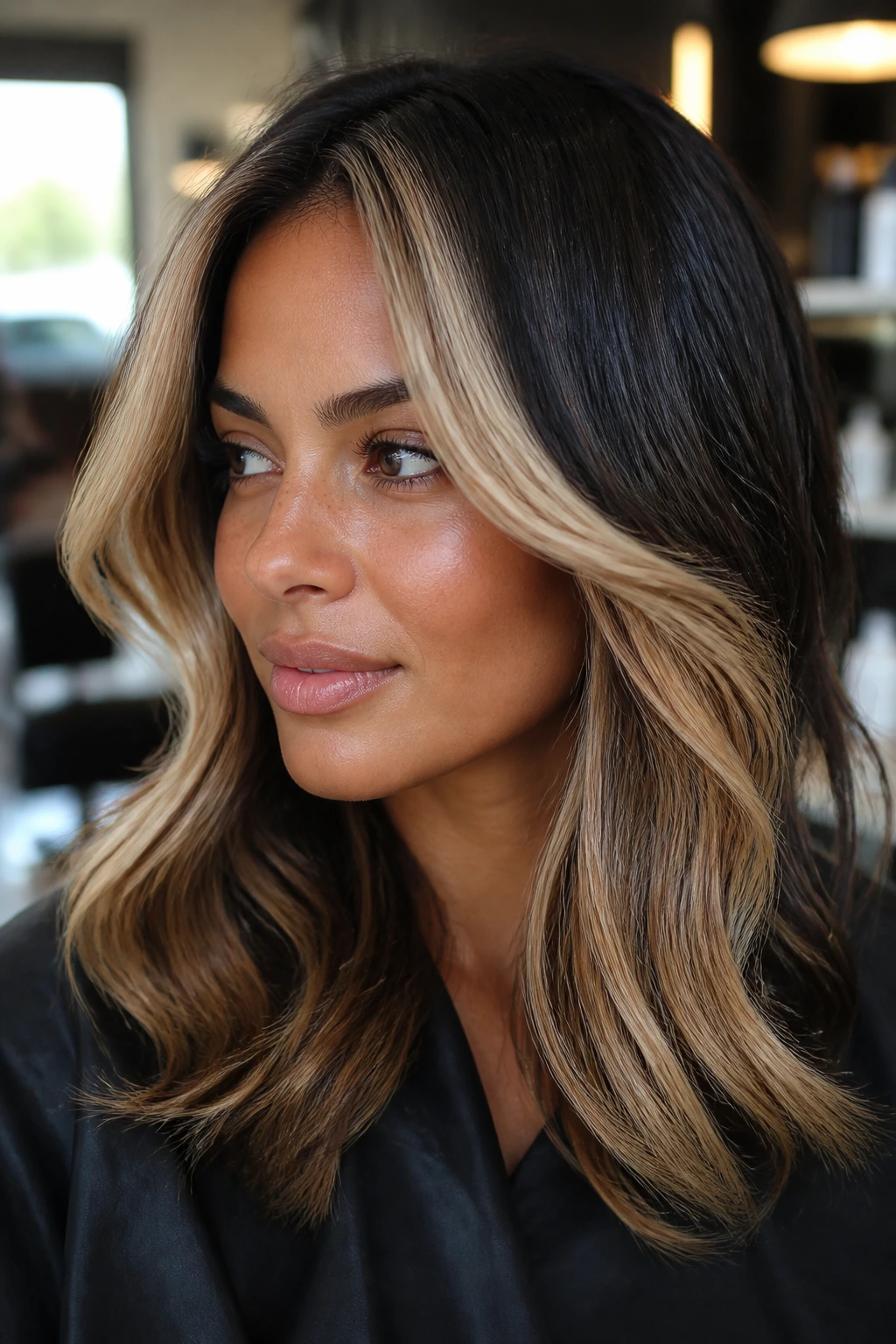Close-up of a real woman showing chunky front color panels with movement.