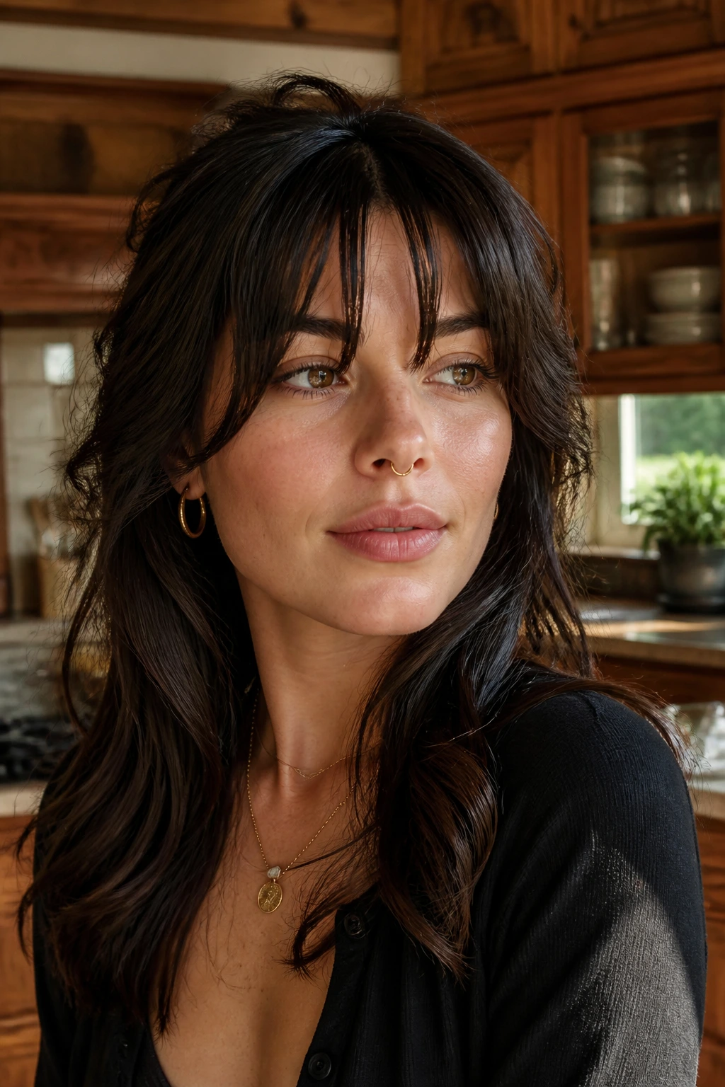 Close-up of a real woman with chunky piecey bangs and lift in warm kitchen light