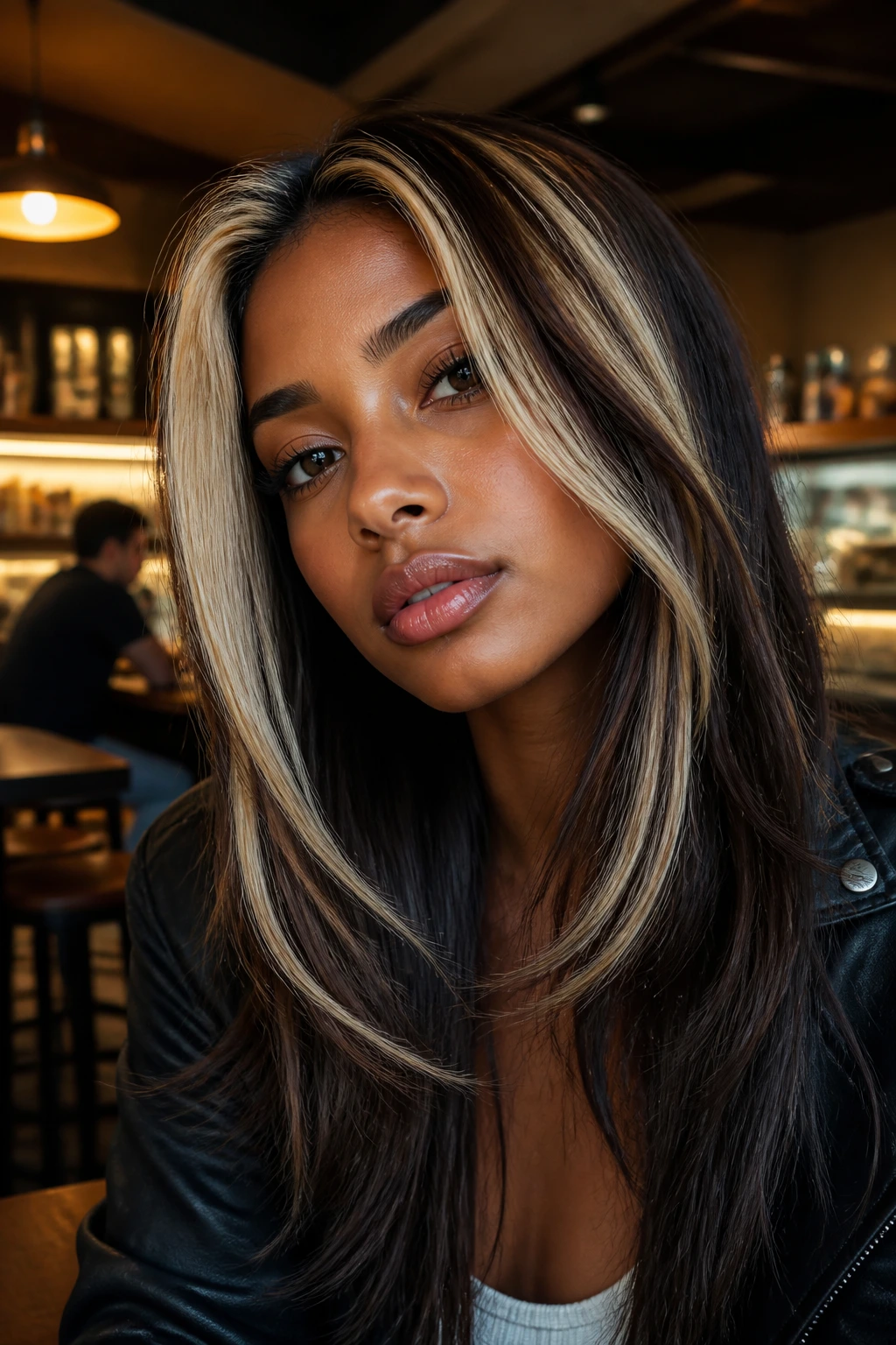 Close-up of a real person with chunky platinum highlights in dark hair
