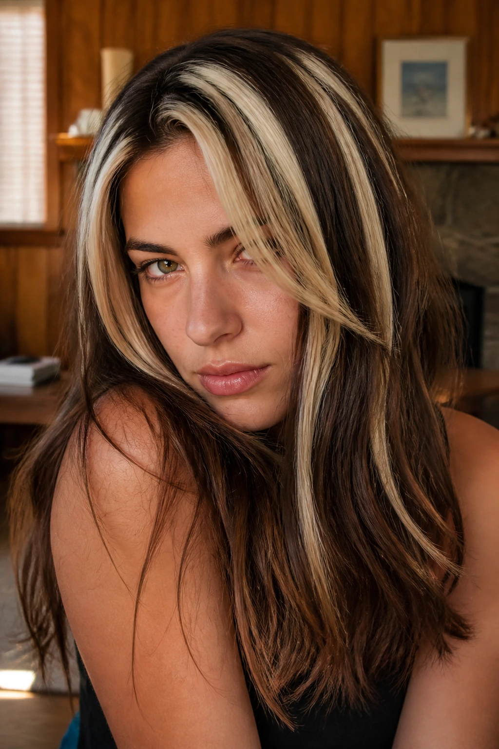 Close-up of brunette woman with chunky platinum highlights in a nineties style
